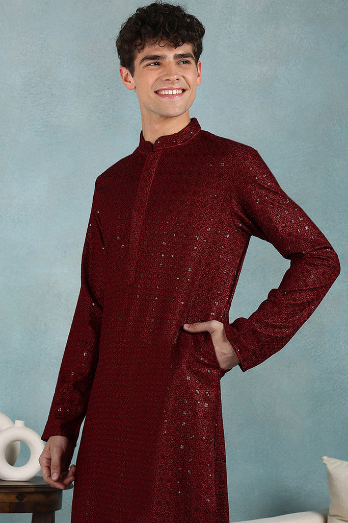 Ethnic Bay Maroon Viscose Rayon Solid Embroidered Straight Kurta For Men MKU1022MRN