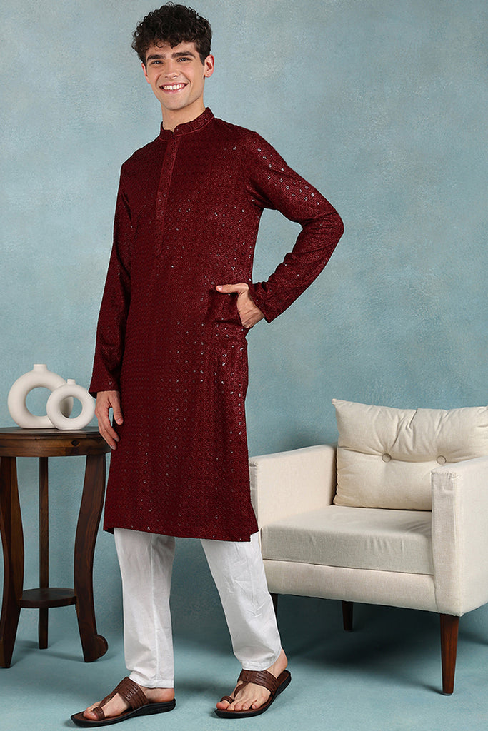 Ethnic Bay Maroon Viscose Rayon Solid Embroidered Straight Kurta For Men MKU1022MRN