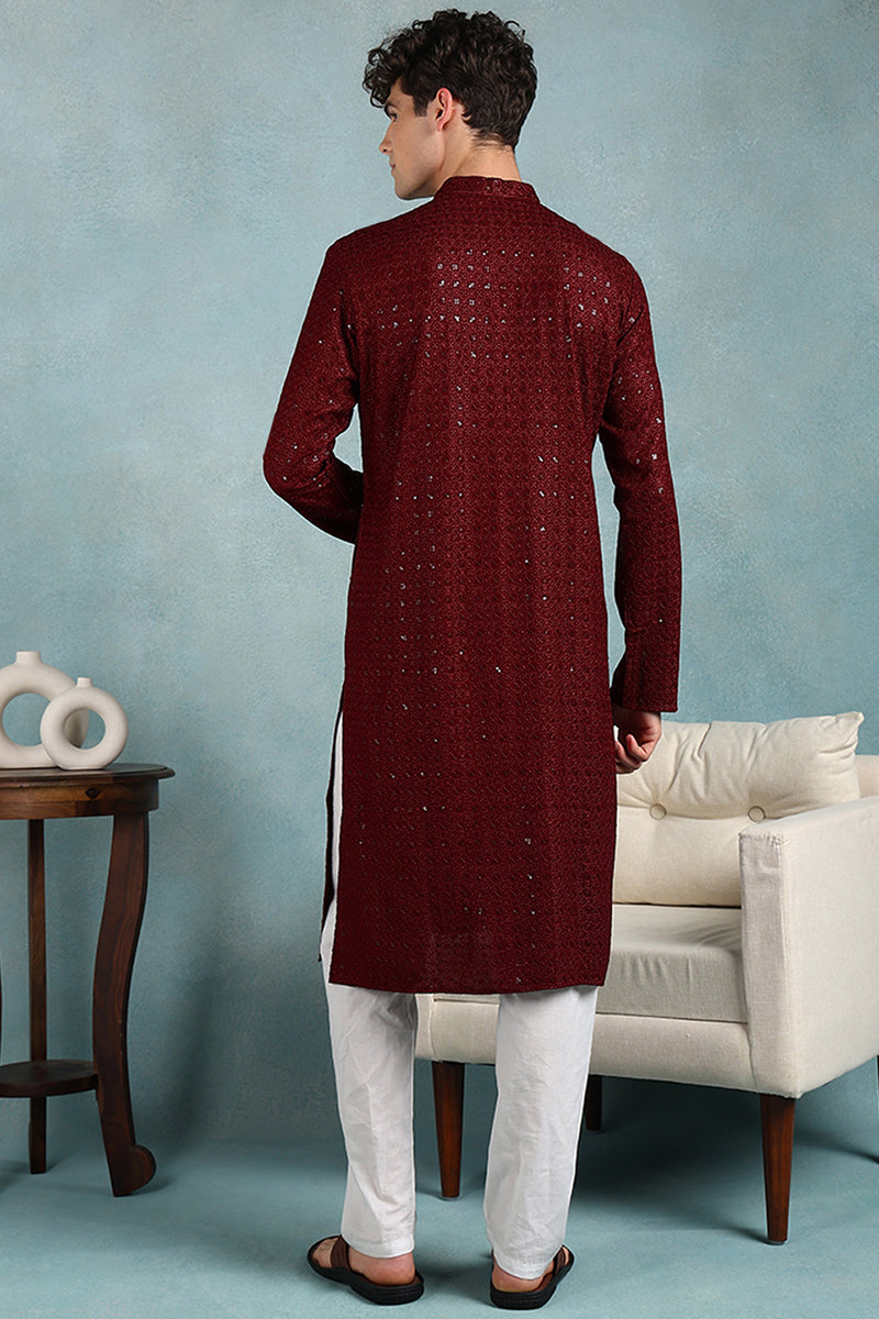 Ethnic Bay Maroon Viscose Rayon Solid Embroidered Straight Kurta For Men MKU1022MRN