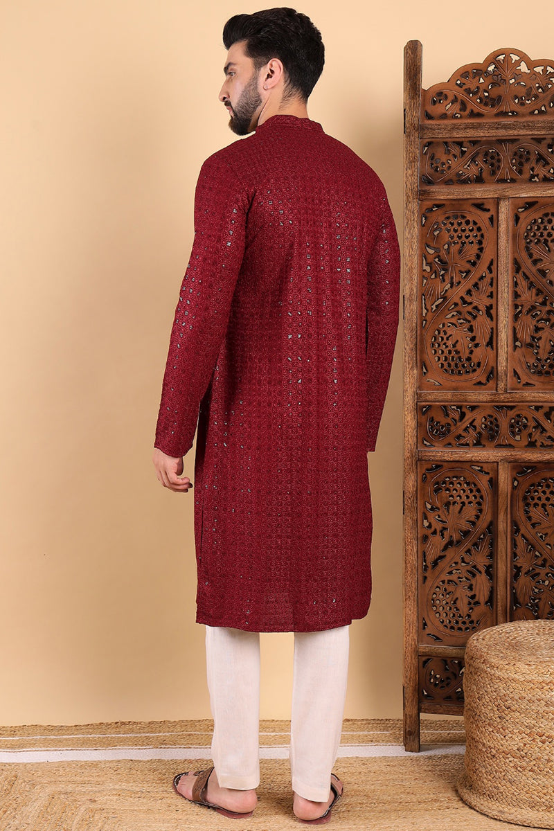 Ethnic Bay Maroon Viscose Rayon Solid Embroidered Straight Kurta For Men MKU1022MRN