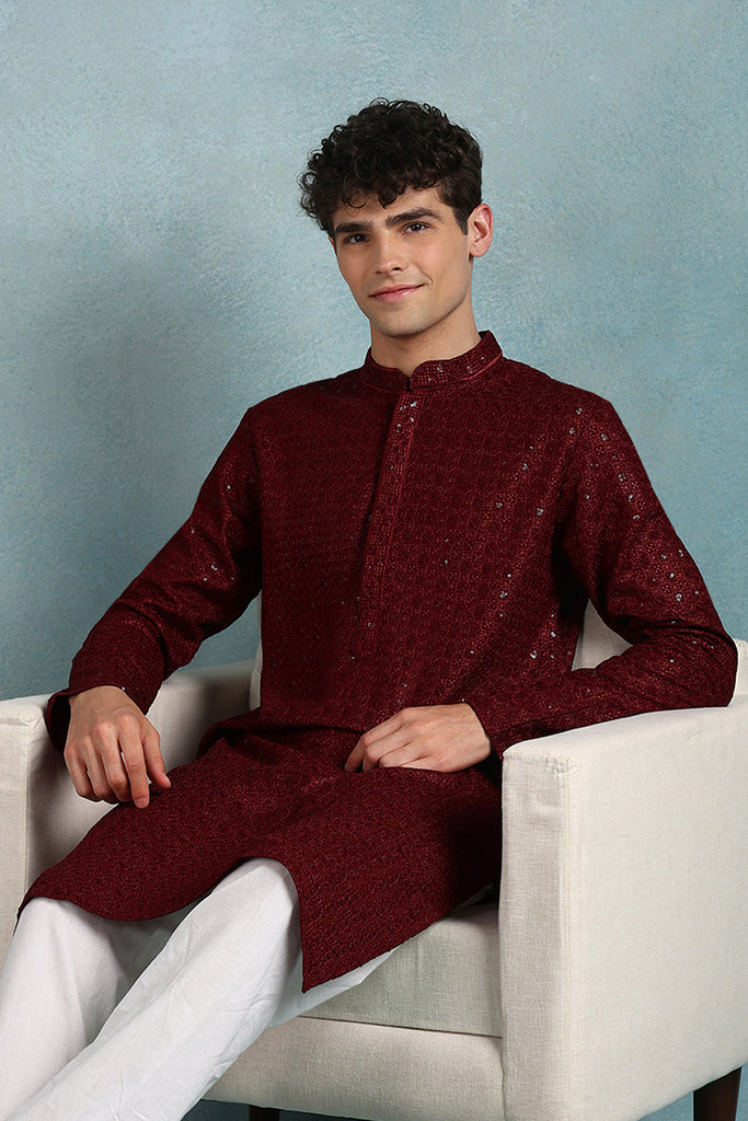 Ethnic Bay Maroon Viscose Rayon Solid Embroidered Straight Kurta For Men MKU1022MRN