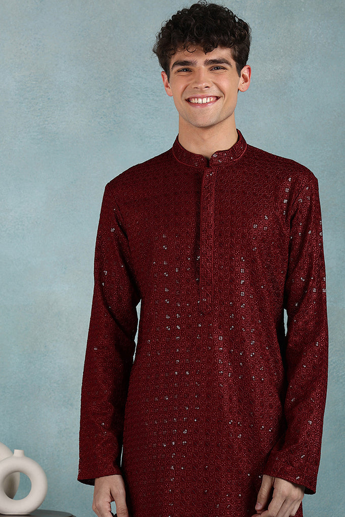 Ethnic Bay Maroon Viscose Rayon Solid Embroidered Straight Kurta For Men MKU1022MRN