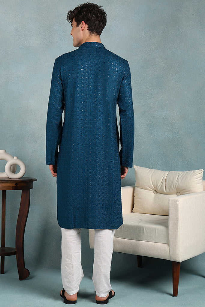 Ethnic Bay Teal Viscose Rayon Solid Embroidered Straight Kurta For Men MKU1022TIL