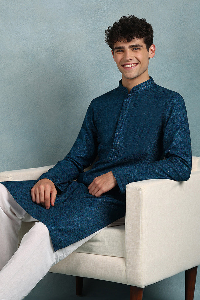 Ethnic Bay Teal Viscose Rayon Solid Embroidered Straight Kurta For Men MKU1022TIL