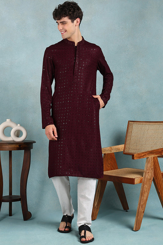 Ethnic Bay Wine Viscose Rayon Solid Embroidered Straight Kurta For Men MKU1022WIN