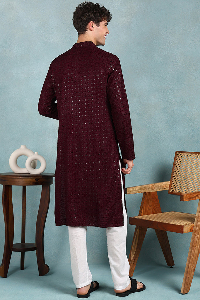 Ethnic Bay Wine Viscose Rayon Solid Embroidered Straight Kurta For Men MKU1022WIN