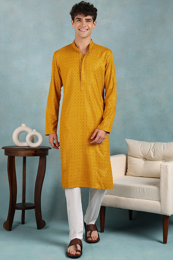 Ethnic Bay Yellow Viscose Rayon Solid Embroidered Straight Kurta For Men MKU1022YLW