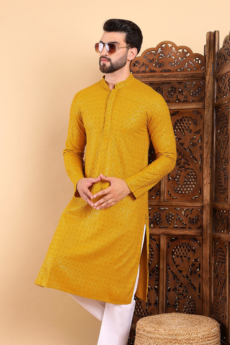 Yellow Viscose Rayon Solid Embroidered Straight Kurta MKU1022YLW