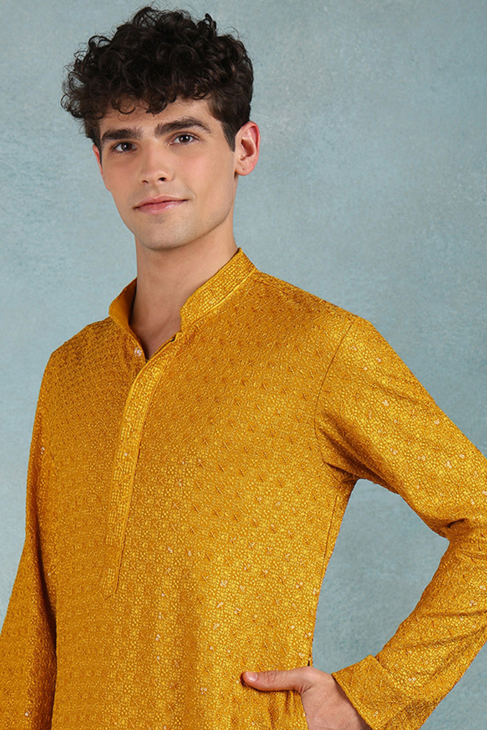 Ethnic Bay Yellow Viscose Rayon Solid Embroidered Straight Kurta For Men MKU1022YLW