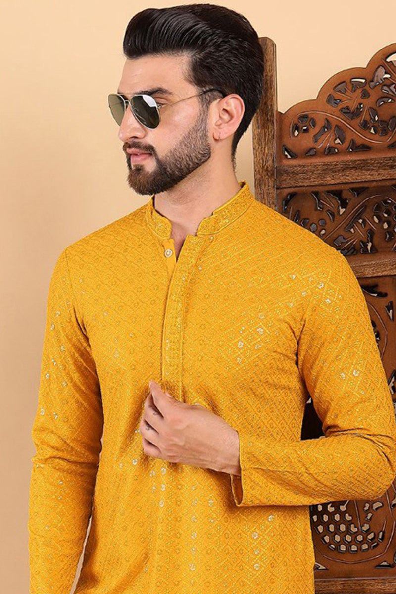 Yellow Viscose Rayon Solid Embroidered Straight Kurta MKU1022YLW