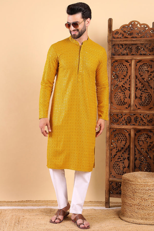 Yellow Viscose Rayon Solid Embroidered Straight Kurta MKU1022YLW