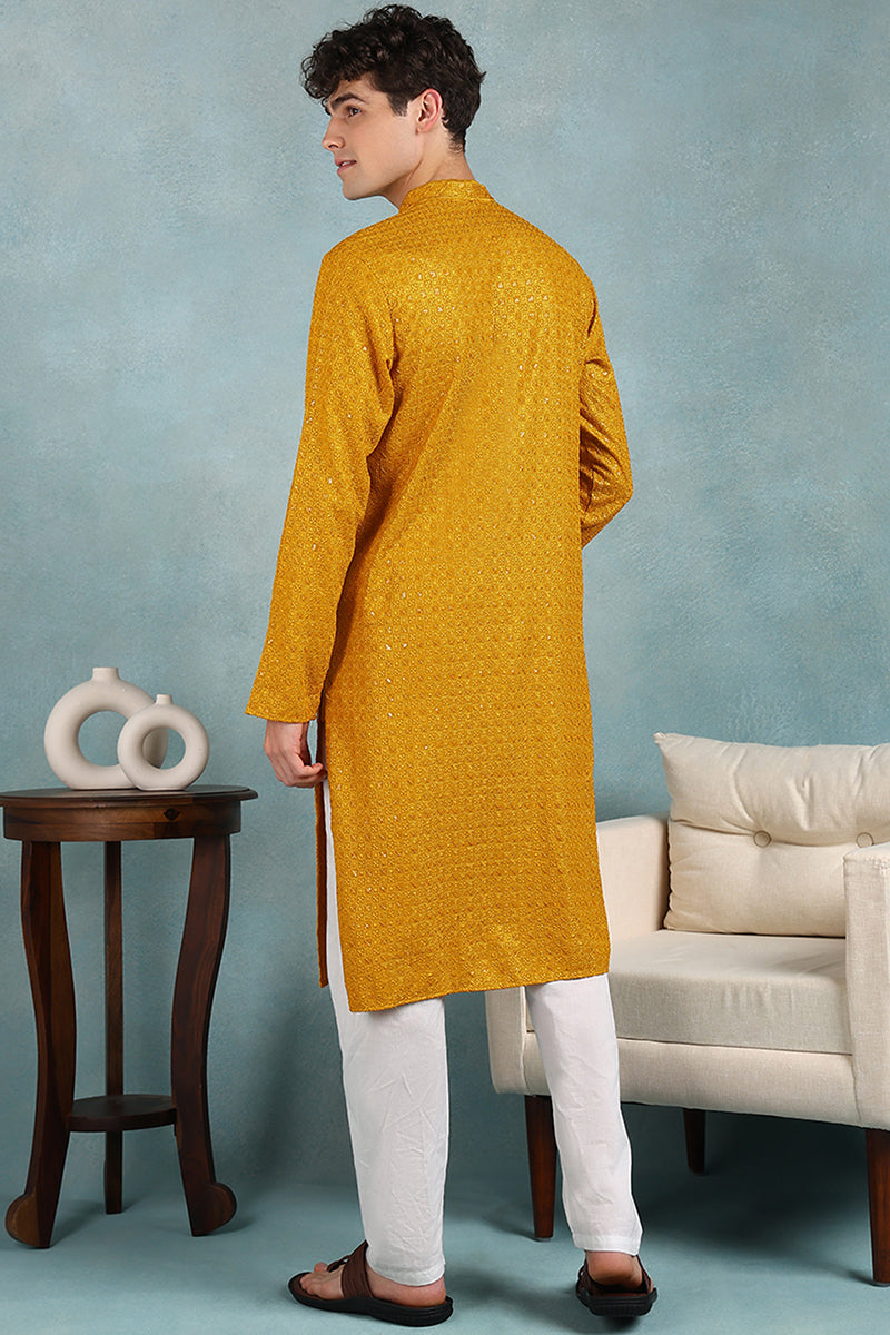 Ethnic Bay Yellow Viscose Rayon Solid Embroidered Straight Kurta For Men MKU1022YLW