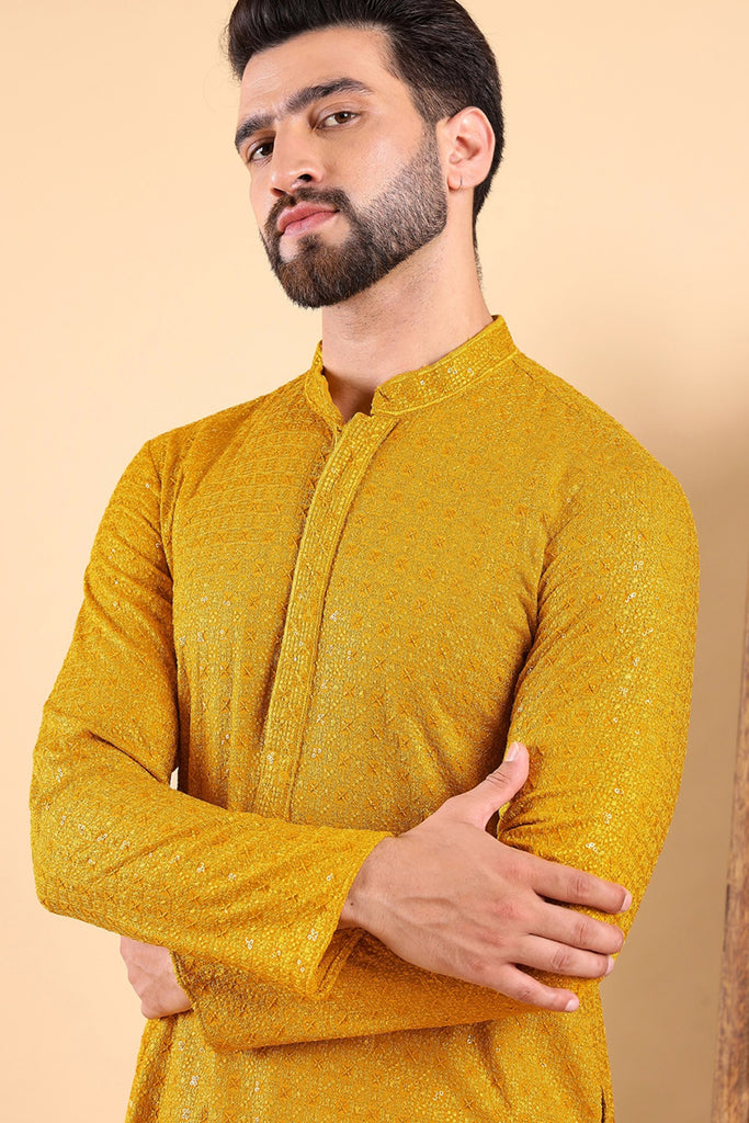 Yellow Viscose Rayon Solid Embroidered Straight Kurta MKU1022YLW