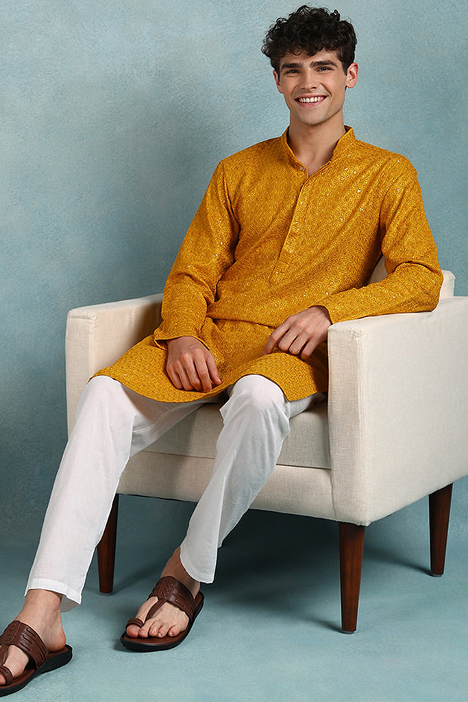 Ethnic Bay Yellow Viscose Rayon Solid Embroidered Straight Kurta For Men MKU1022YLW