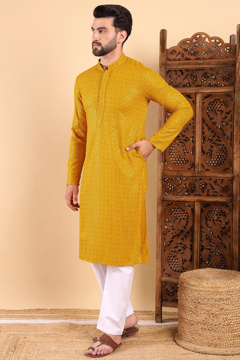 Yellow Viscose Rayon Solid Embroidered Straight Kurta MKU1022YLW
