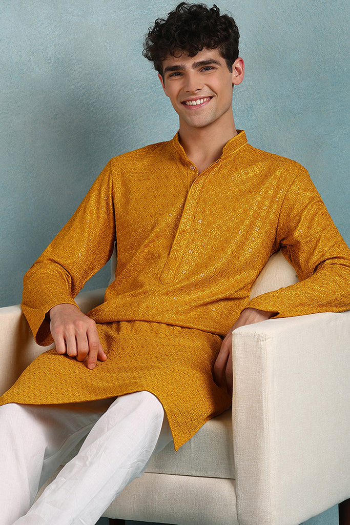 Ethnic Bay Yellow Viscose Rayon Solid Embroidered Straight Kurta For Men MKU1022YLW