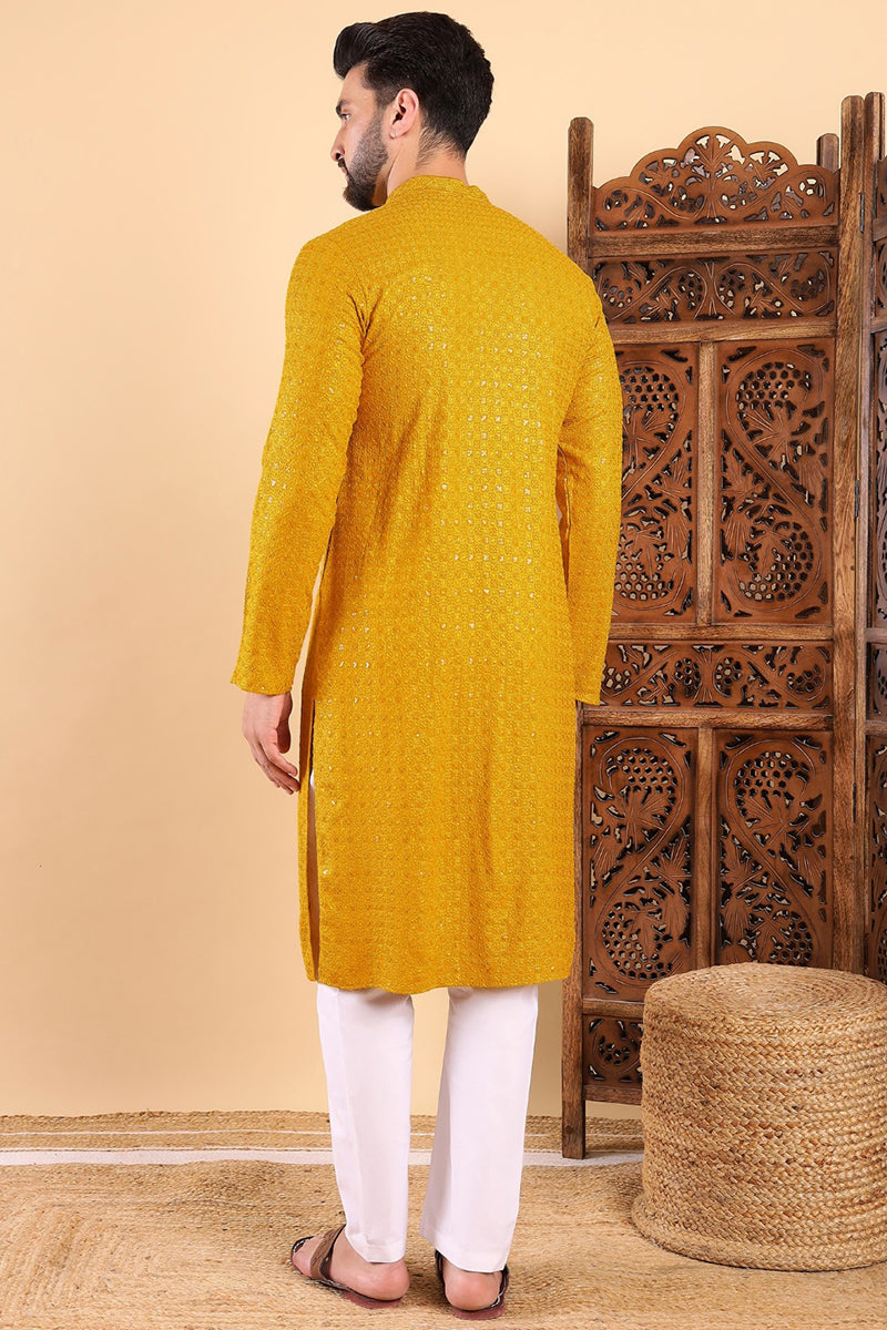 Yellow Viscose Rayon Solid Embroidered Straight Kurta MKU1022YLW