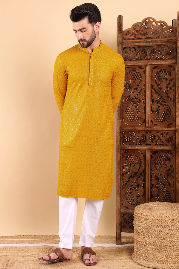Yellow Viscose Rayon Solid Embroidered Straight Kurta MKU1022YLW