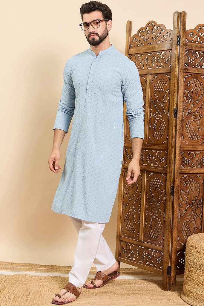 Ethnic Bay Blue Viscose Rayon Solid Embroidered Ethnic Straight Chikankari Kurta For Men MKU1029BLU