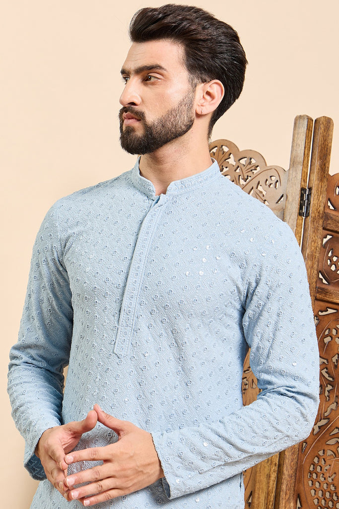 Ethnic Bay Blue Viscose Rayon Solid Embroidered Ethnic Straight Chikankari Kurta For Men MKU1029BLU