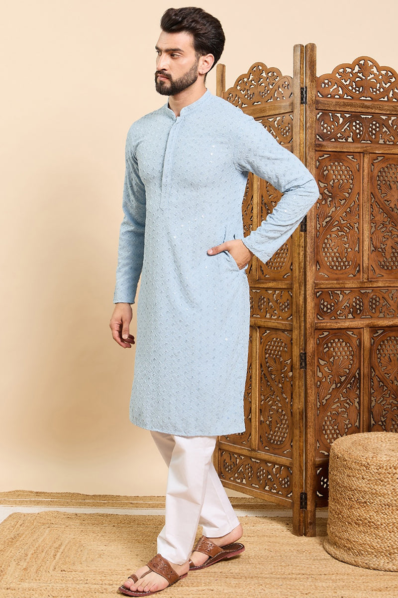 Ethnic Bay Blue Viscose Rayon Solid Embroidered Ethnic Straight Chikankari Kurta For Men MKU1029BLU