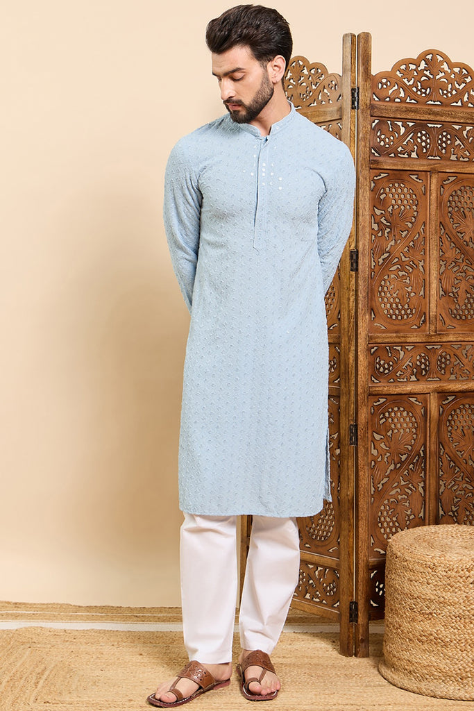 Ethnic Bay Blue Viscose Rayon Solid Embroidered Ethnic Straight Chikankari Kurta For Men MKU1029BLU