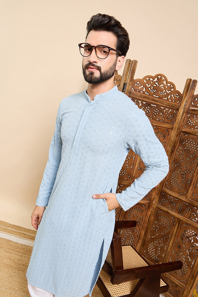 Ethnic Bay Blue Viscose Rayon Solid Embroidered Ethnic Straight Chikankari Kurta For Men MKU1029BLU