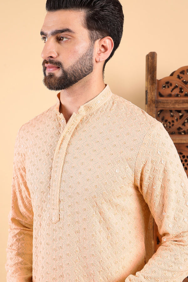 Ethnic Bay Cream Viscose Rayon Solid Embroidered Ethnic Straight Chikankari Kurta For Men MKU1029CRM