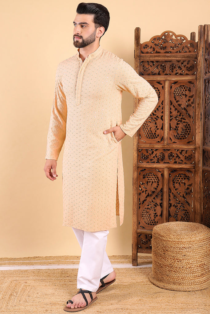 Ethnic Bay Cream Viscose Rayon Solid Embroidered Ethnic Straight Chikankari Kurta For Men MKU1029CRM