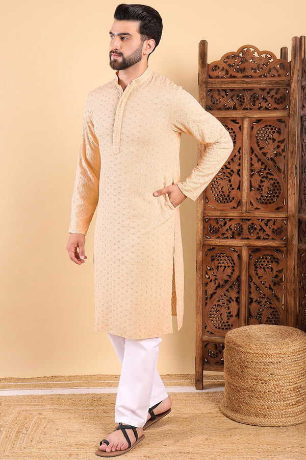 Ethnic Bay Cream Viscose Rayon Solid Embroidered Ethnic Straight Chikankari Kurta For Men MKU1029CRM