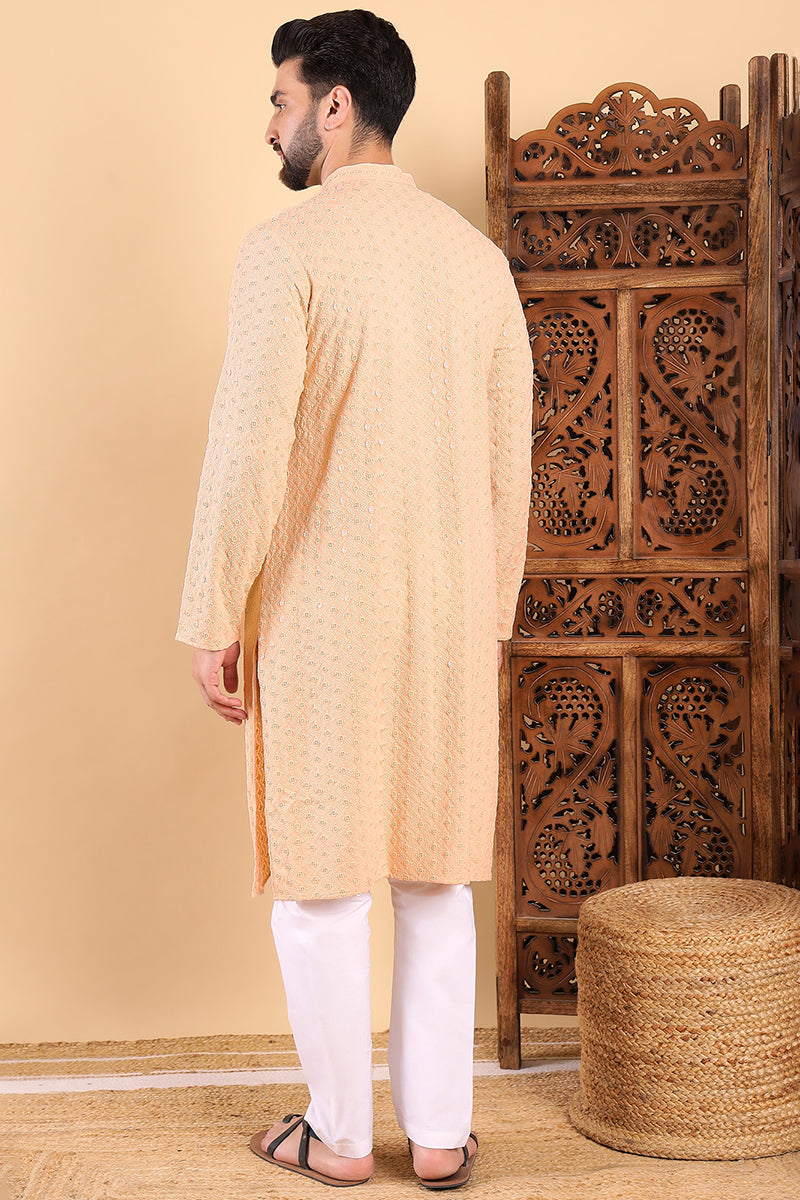 Ethnic Bay Cream Viscose Rayon Solid Embroidered Ethnic Straight Chikankari Kurta For Men MKU1029CRM