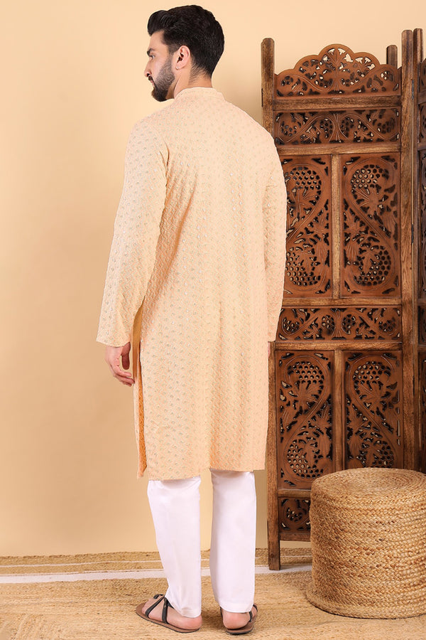 Ethnic Bay Cream Viscose Rayon Solid Embroidered Ethnic Straight Chikankari Kurta For Men MKU1029CRM