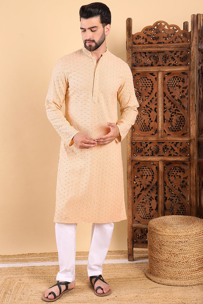 Ethnic Bay Cream Viscose Rayon Solid Embroidered Ethnic Straight Chikankari Kurta For Men MKU1029CRM