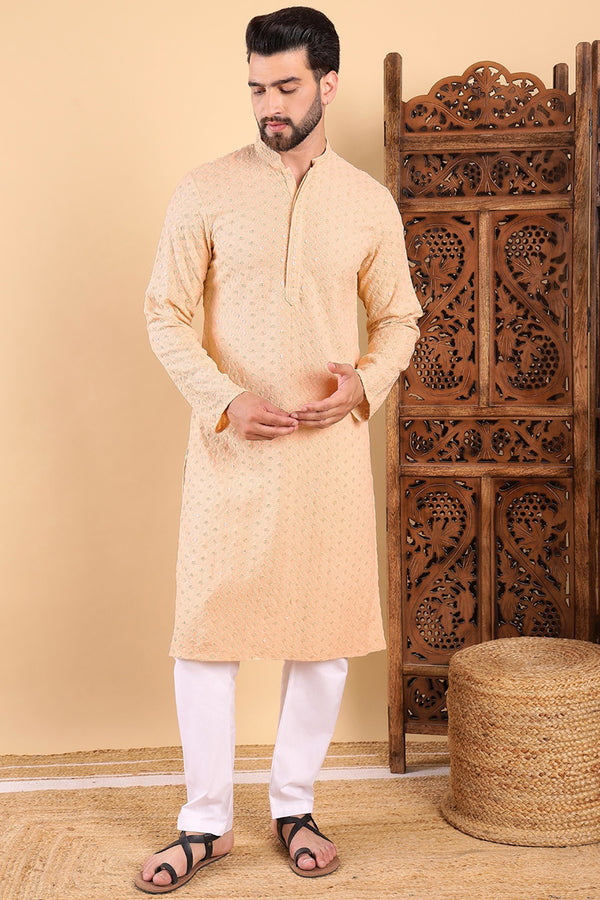 Ethnic Bay Cream Viscose Rayon Solid Embroidered Ethnic Straight Chikankari Kurta For Men MKU1029CRM