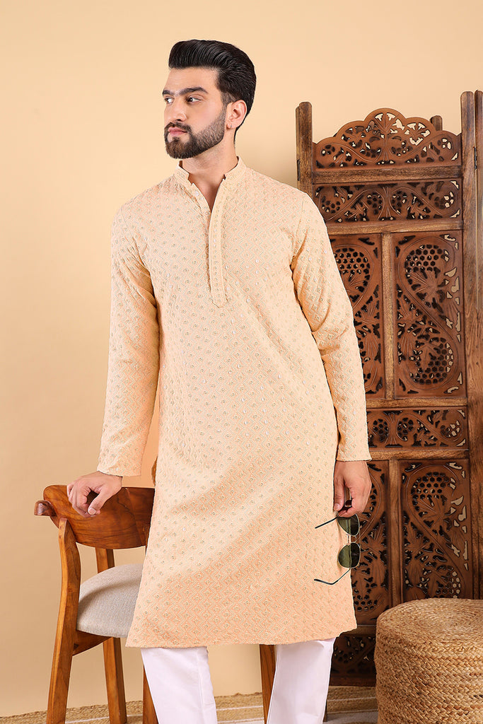 Ethnic Bay Cream Viscose Rayon Solid Embroidered Ethnic Straight Chikankari Kurta For Men MKU1029CRM