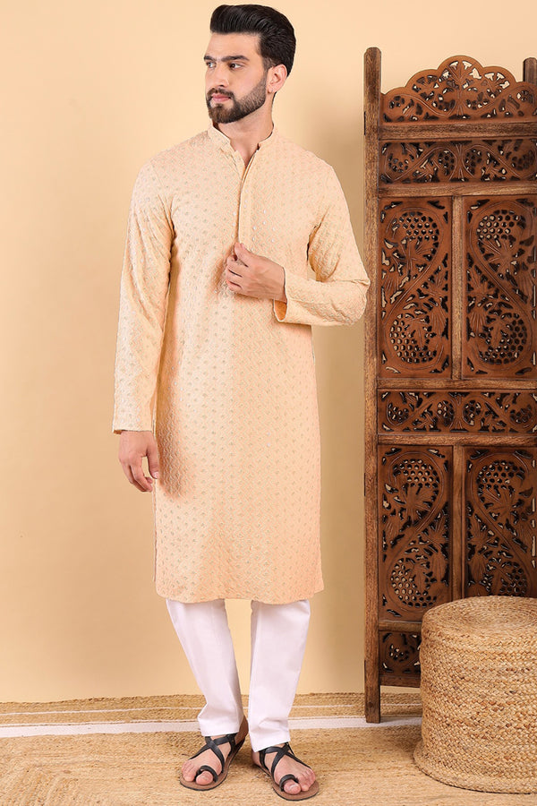 Ethnic Bay Cream Viscose Rayon Solid Embroidered Ethnic Straight Chikankari Kurta For Men MKU1029CRM