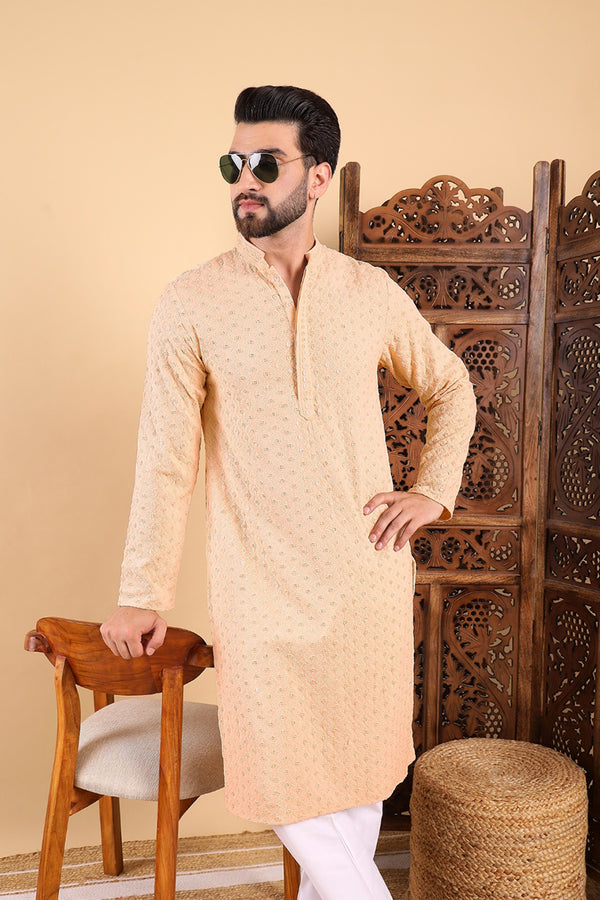 Ethnic Bay Cream Viscose Rayon Solid Embroidered Ethnic Straight Chikankari Kurta For Men MKU1029CRM