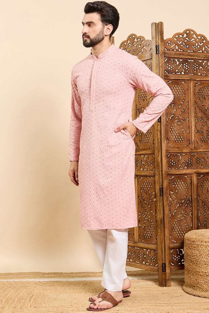 Ethnic Bay Peach Viscose Rayon Solid Embroidered Ethnic Straight Chikankari Kurta For Men MKU1029PCH