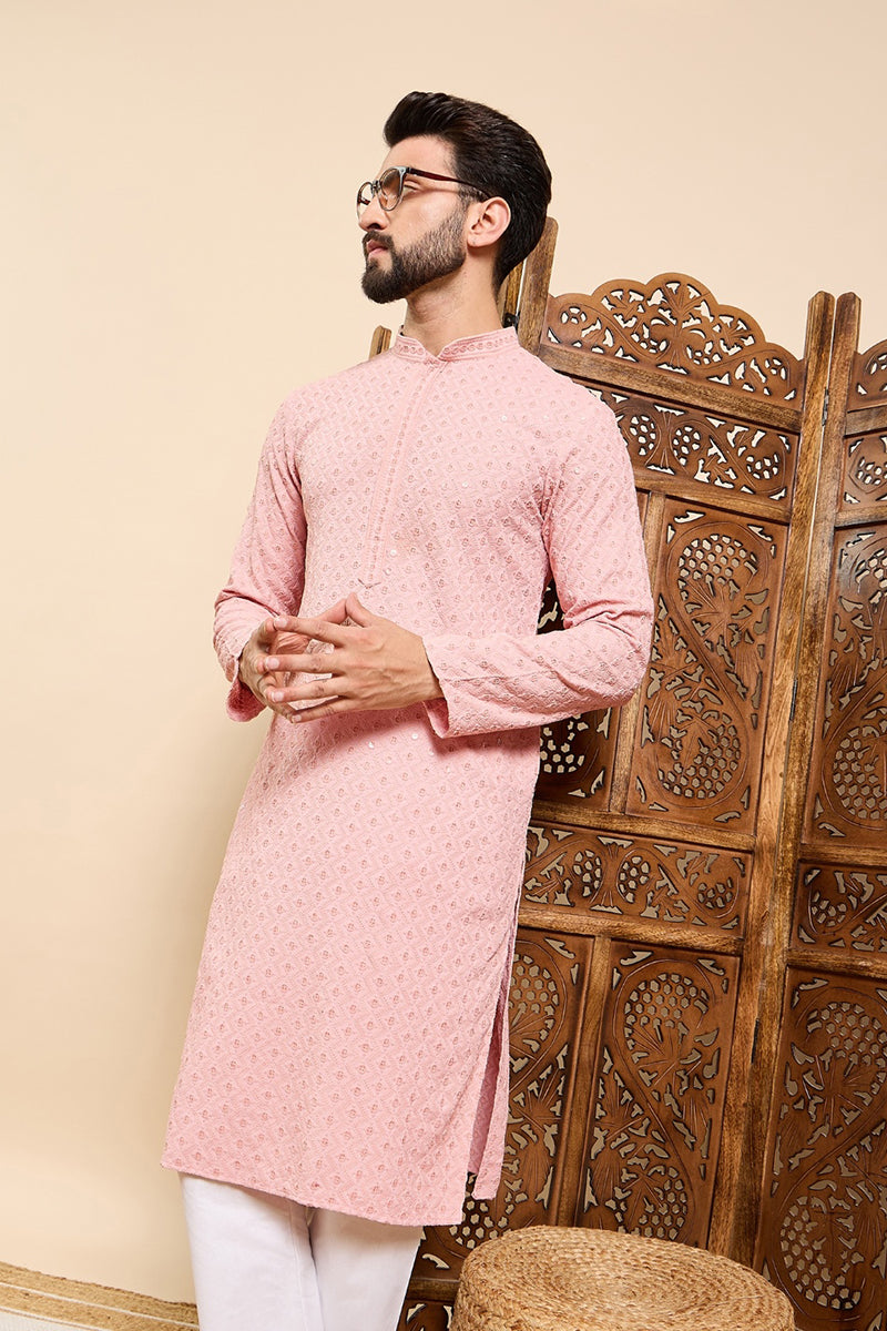 Ethnic Bay Peach Viscose Rayon Solid Embroidered Ethnic Straight Chikankari Kurta For Men MKU1029PCH