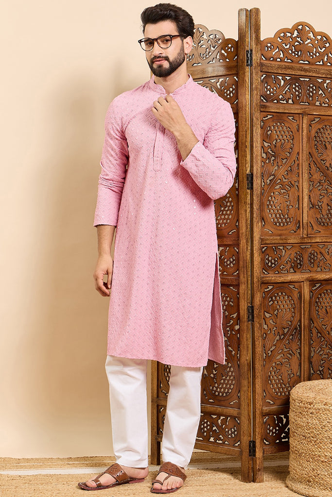 Ethnic Bay Pink Viscose Rayon Solid Embroidered Ethnic Straight Chikankari Kurta For Men MKU1029PNK