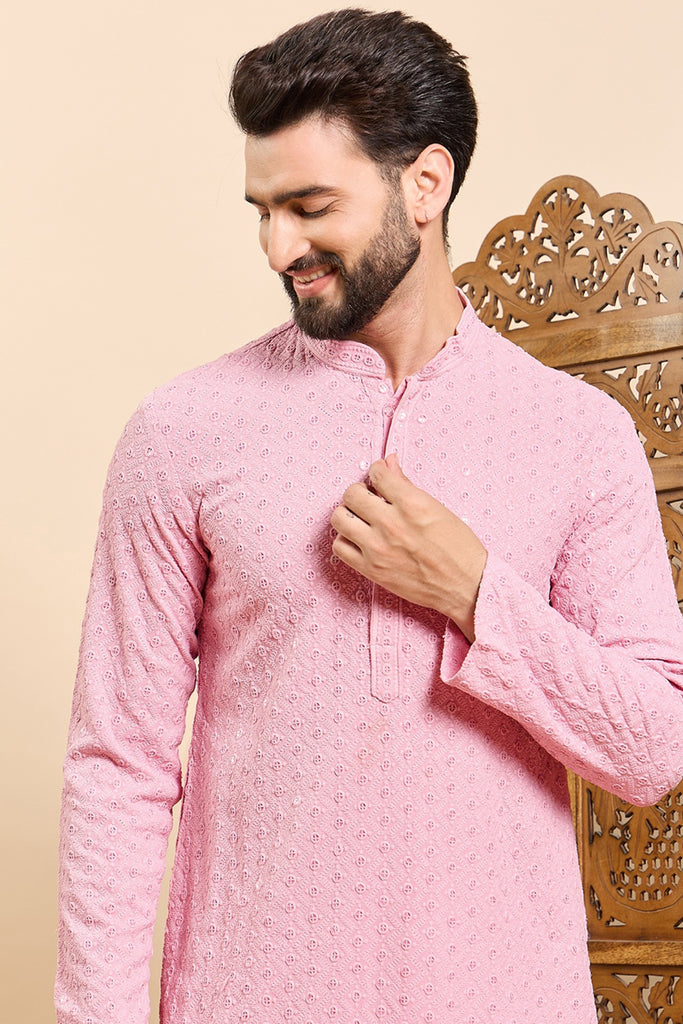 Ethnic Bay Pink Viscose Rayon Solid Embroidered Ethnic Straight Chikankari Kurta For Men MKU1029PNK