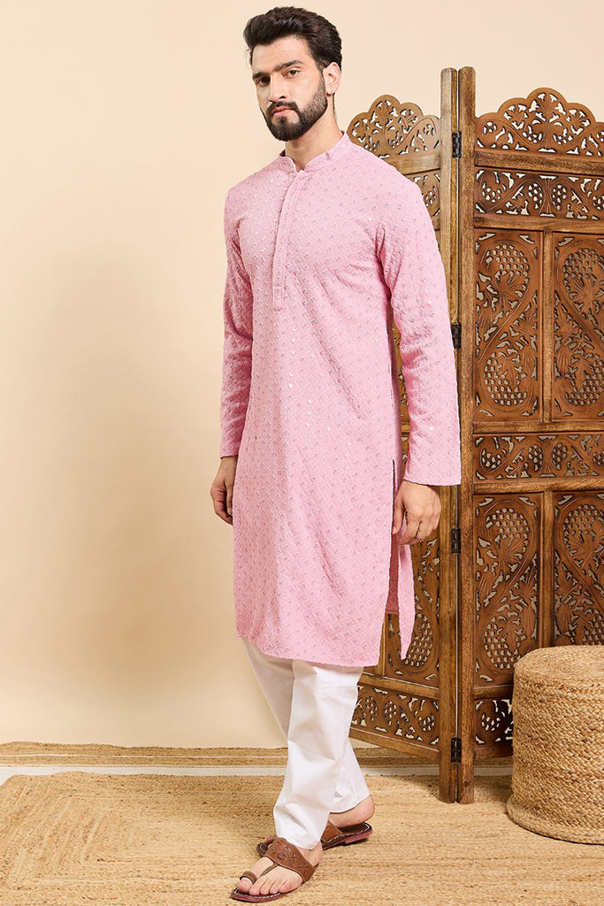 Ethnic Bay Pink Viscose Rayon Solid Embroidered Ethnic Straight Chikankari Kurta For Men MKU1029PNK