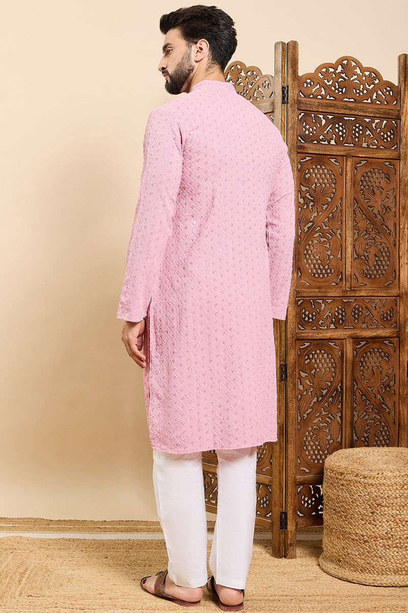 Ethnic Bay Pink Viscose Rayon Solid Embroidered Ethnic Straight Chikankari Kurta For Men MKU1029PNK