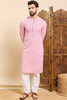 Ethnic Bay Pink Viscose Rayon Solid Embroidered Ethnic Straight Chikankari Kurta For Men MKU1029PNK