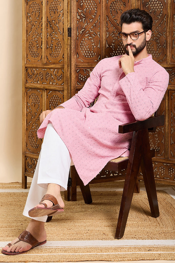 Ethnic Bay Pink Viscose Rayon Solid Embroidered Ethnic Straight Chikankari Kurta For Men MKU1029PNK