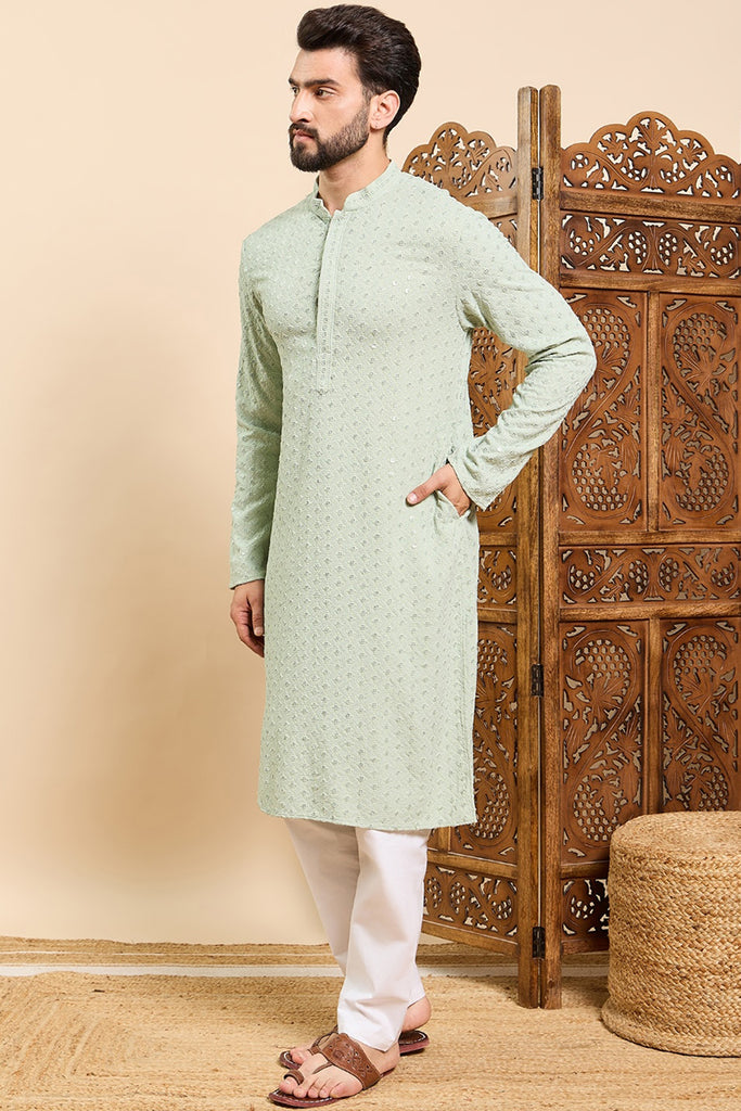 Ethnic Bay Sea Green Viscose Rayon Solid Embroidered Ethnic Straight Chikankari Kurta For Men MKU1029SEA