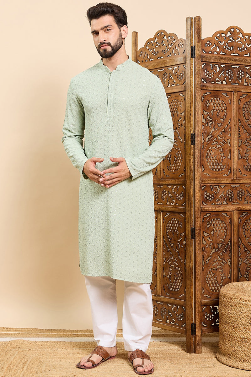 Ethnic Bay Sea Green Viscose Rayon Solid Embroidered Ethnic Straight Chikankari Kurta For Men MKU1029SEA