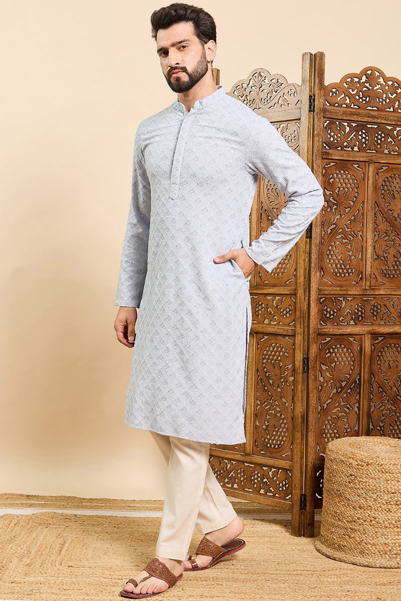 Ethnic Bay Blue Viscose Rayon Solid Embroidered Ethnic Straight Chikankari Kurta For Men MKU1030BLU