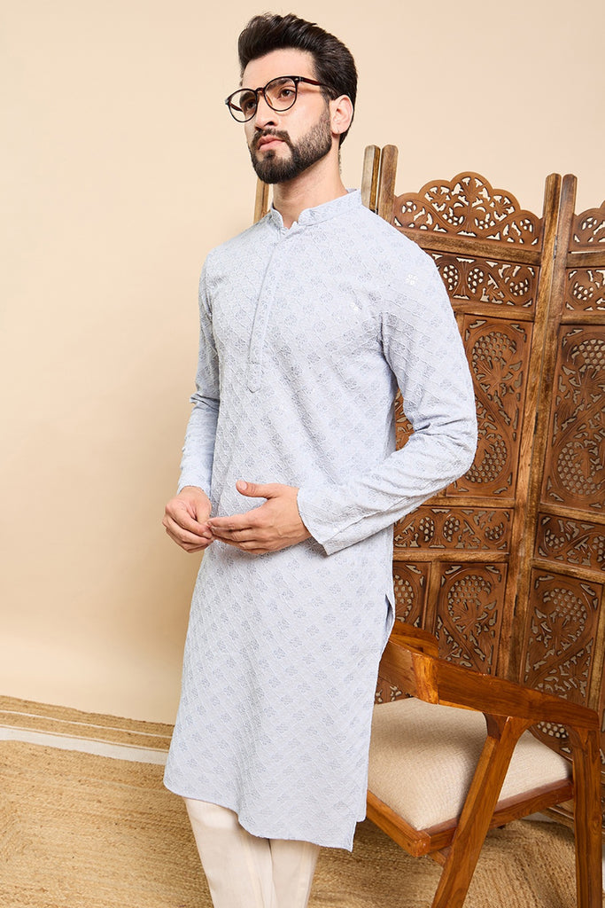 Ethnic Bay Blue Viscose Rayon Solid Embroidered Ethnic Straight Chikankari Kurta For Men MKU1030BLU