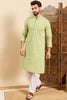 Ethnic Bay Green Viscose Rayon Solid Embroidered Ethnic Straight Chikankari Kurta For Men MKU1030GRN